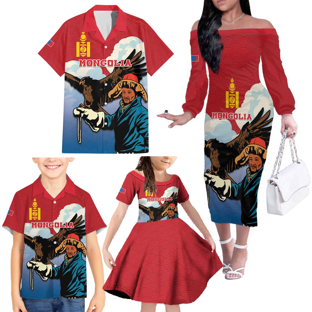 Personalised Mongolia Family Matching Off The Shoulder Long Sleeve Dress and Hawaiian Shirt Eagle Hunters - Wonder Print Shop