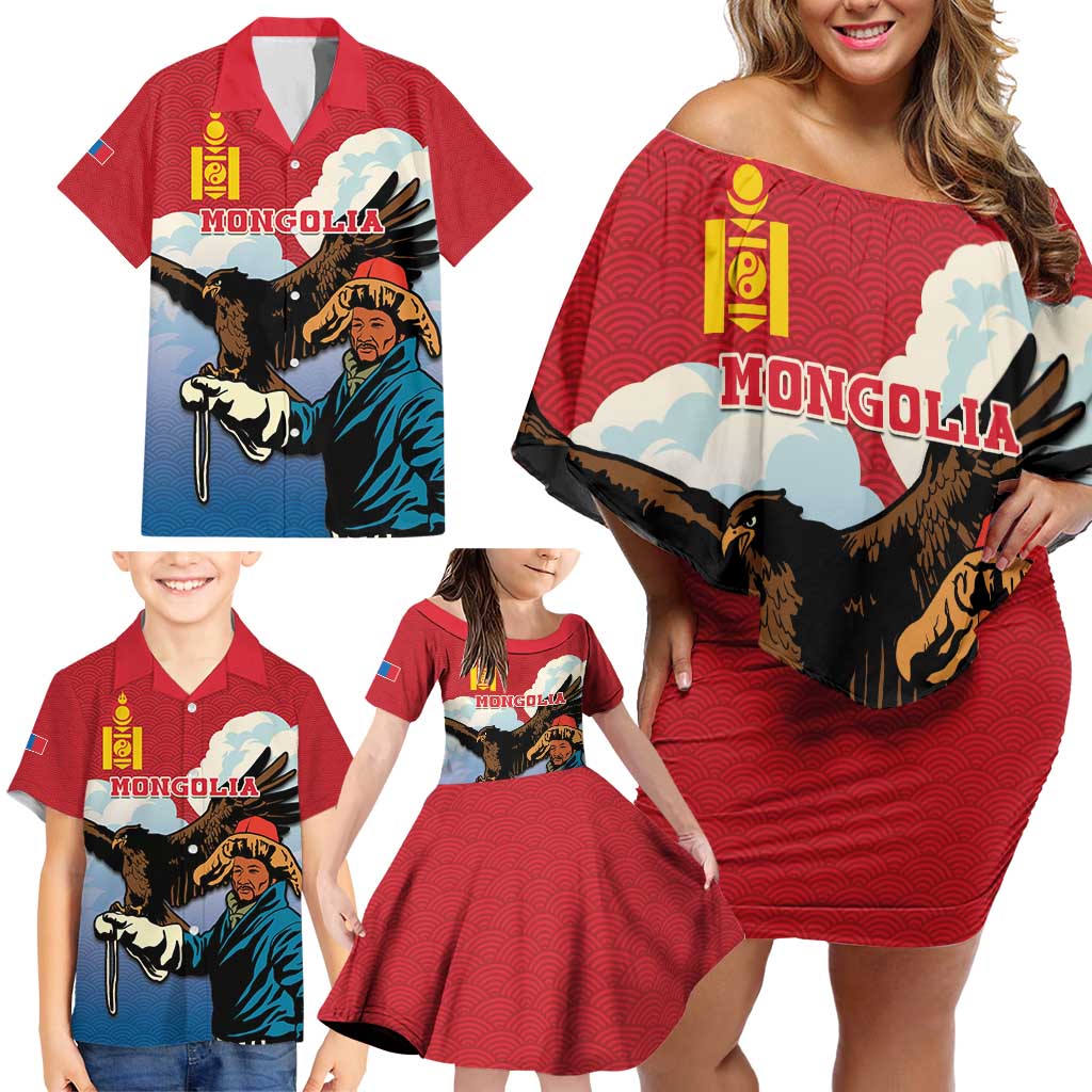 Personalised Mongolia Family Matching Off Shoulder Short Dress and Hawaiian Shirt Eagle Hunters - Wonder Print Shop