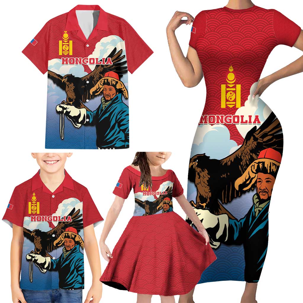 Personalised Mongolia Family Matching Short Sleeve Bodycon Dress and Hawaiian Shirt Eagle Hunters - Wonder Print Shop