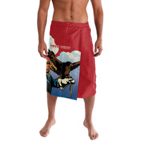 Red lavalava-style wrap shorts with elastic waistband, eagle and horse graphic panel