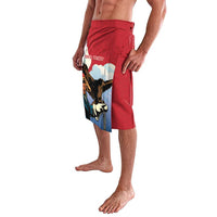 Red lavalava-style wrap shorts with elastic waistband, eagle and horse graphic on side