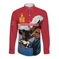 Red long-sleeve button shirt with front eagle hunter graphic and Mongolia text