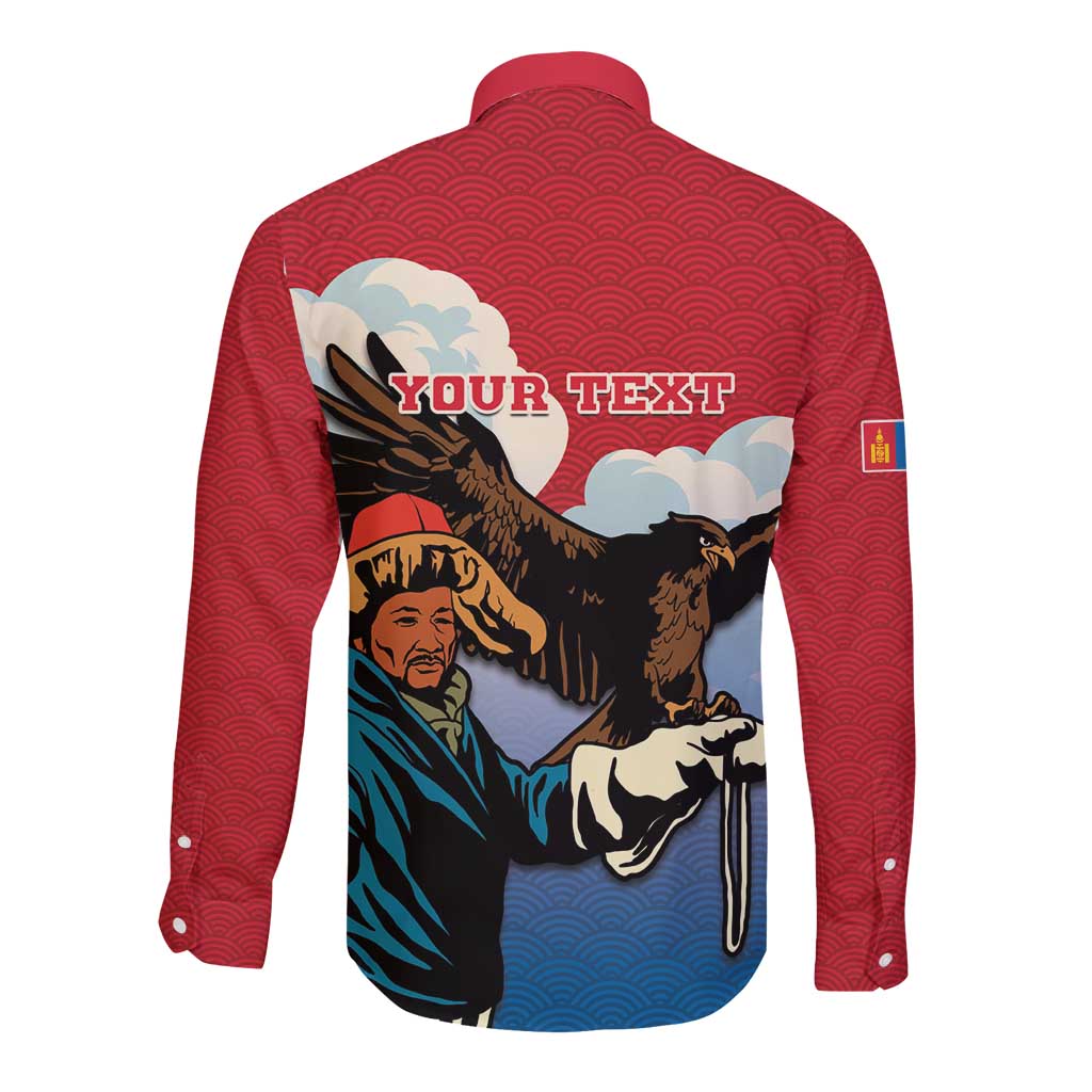 Red long-sleeve button shirt with back eagle hunter graphic and YOUR TEXT