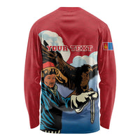 Red unisex long-sleeve shirt, back with 'YOUR TEXT' and eagle hunter scene