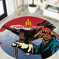 Red round personalized carpet with eagle hunter illustration and banner text 'YOUR TEXT'
