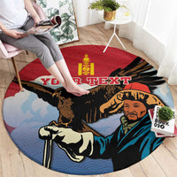 Round personalized carpet with eagle hunter artwork, blue background, and 'YOUR TEXT' lettering