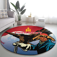 Round carpet with red rim and eagle hunter scene; centered 'YOUR TEXT' banner