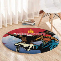 Round personalized carpet with eagle hunter illustration and 'YOUR TEXT' band in red
