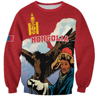 Red crewneck sweatshirt with Mongolia graphic, eagle hunter and long feathered wings