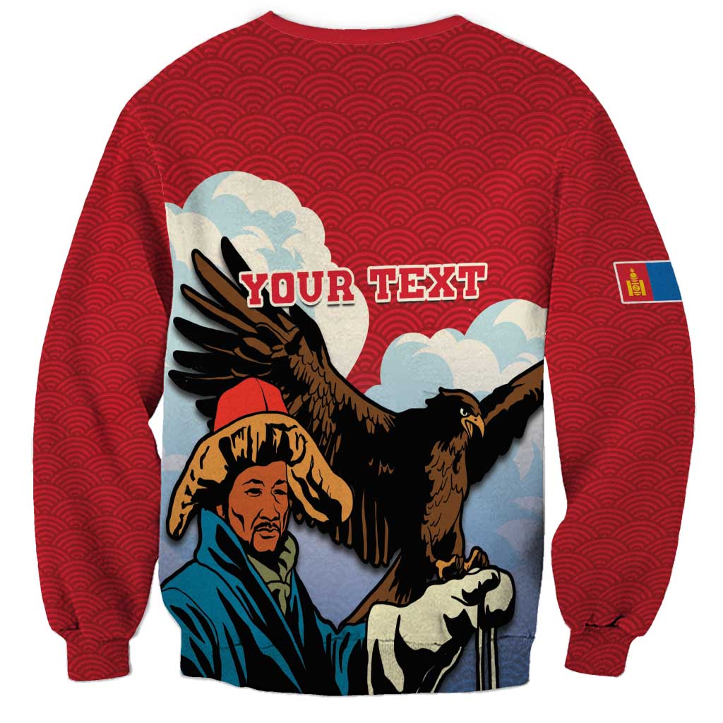 Red crewneck sweatshirt with Your Text banner and eagle hunter graphic