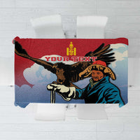 Personalised tablecloth with eagle hunter art and 'YOUR TEXT' banner, blue and red.