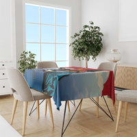Personalised tablecloth with eagle hunter graphic, blue fabric with red border.