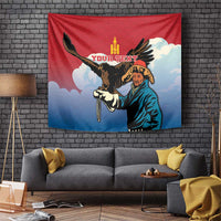 Red and blue wall tapestry featuring eagle hunter holding falcon and “YOUR TEXT”