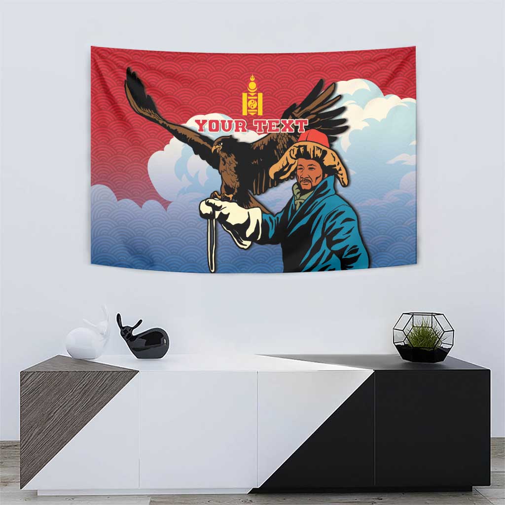 Red and blue wall tapestry showing eagle hunter, bird wings, and “YOUR TEXT”