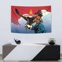 Red and blue wall tapestry showing eagle hunter, bird wings, and “YOUR TEXT”