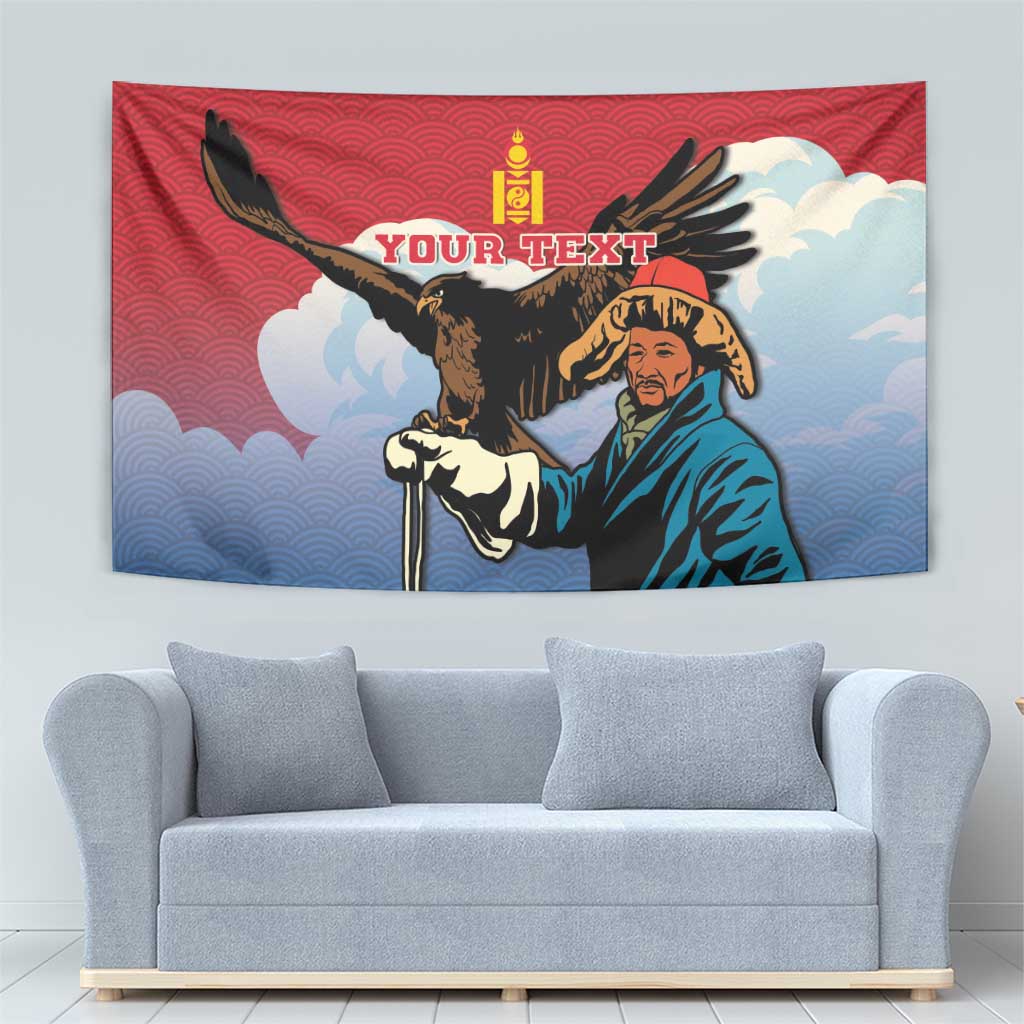 Red and blue wall tapestry with eagle hunter, falcon, and centered “YOUR TEXT”