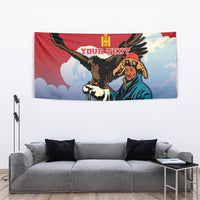 Red and blue wall tapestry with eagle hunter, falcon wings, and “YOUR TEXT”