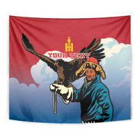 Red and blue wall tapestry close view with eagle hunter, bird, and “YOUR TEXT”