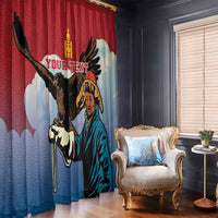 Personalized Mongolia window curtain with eagle hunter and bird silhouette, blue gradient bottom