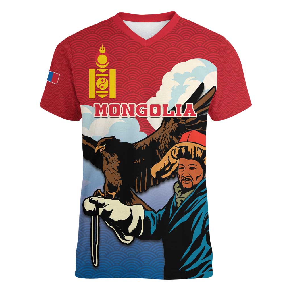 Personalised Mongolia Women V-Neck T-Shirt Eagle Hunters - Wonder Print Shop