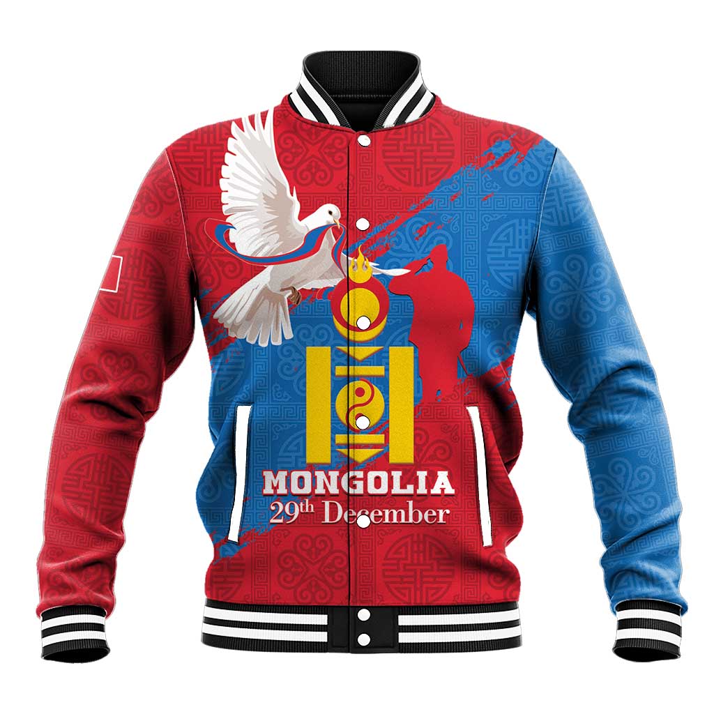 Personalised Mongolia Independence Day Baseball Jacket Coat Of Arms - Mongolia Folk Pattern - Wonder Print Shop