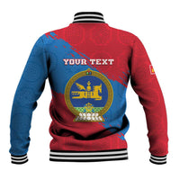 Red and blue baseball jacket back with circular emblem and YOUR TEXT print