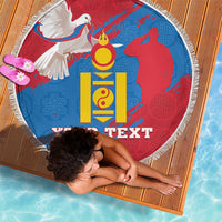 Round beach blanket with Mongolian flag pattern and white fringed edge, YOUR TEXT