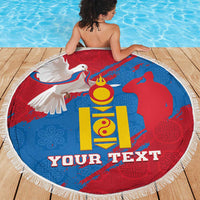 Round beach blanket with Mongolian flag graphic in red, blue, and yellow, white fringe