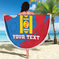 Round beach blanket showing Mongolian flag design with white tassel fringe, YOUR TEXT