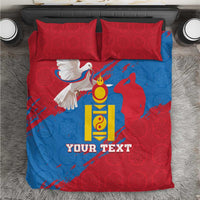 Red and blue Mongolian bedding set with dove, coat of arms emblem, and custom text
