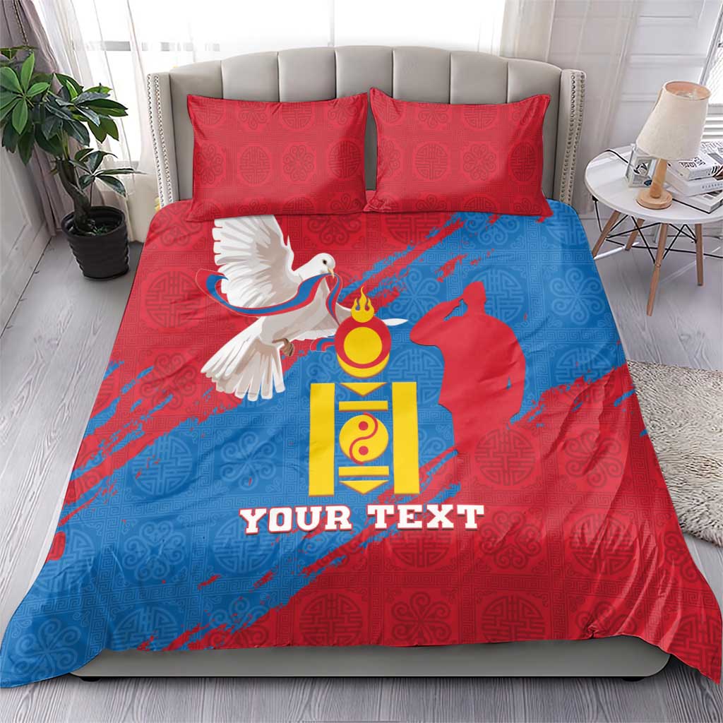 Red and blue Mongolian bedding set with dove, coat of arms emblem, and custom text, red pillows
