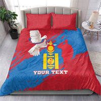 Red and blue Mongolian bedding set with dove, coat of arms emblem, and custom text, red pillows
