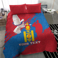 Red and blue Mongolian bedding set with pillows, dove and coat of arms emblem, custom text
