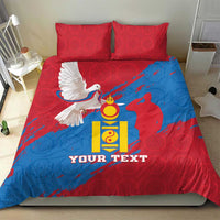 Red and blue Mongolian bedding set with dove and coat of arms emblem, custom text, two pillows