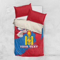Red and blue Mongolian duvet with dove and coat of arms emblem, custom text, red pillowcases