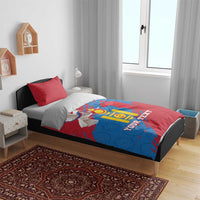 Red and blue Mongolian duvet and pillow set with dove, coat of arms emblem, custom text