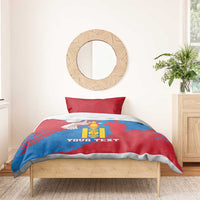 Red and blue Mongolian bedding set with dove and coat of arms emblem, custom text