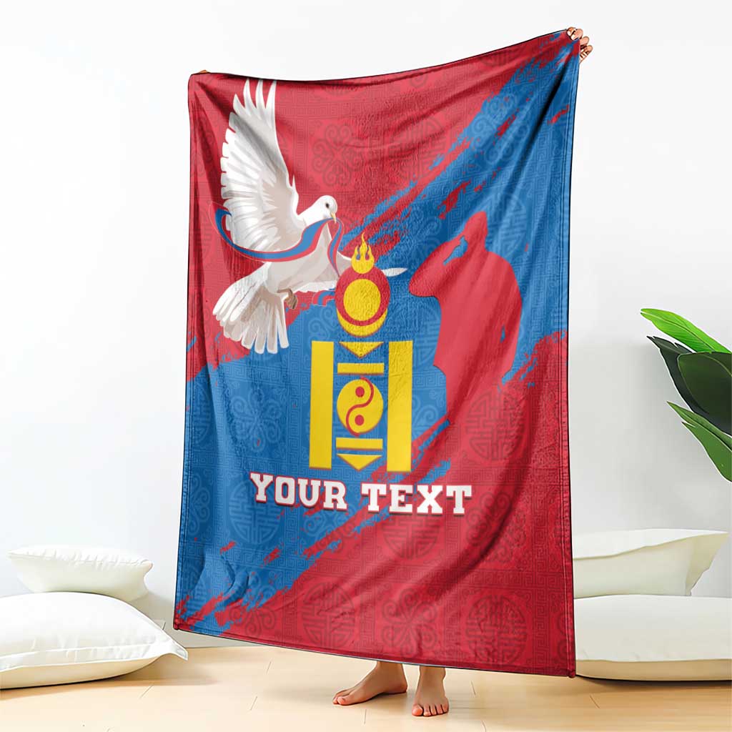 Mongolia independence day blanket hanging display, red and blue dove coat-of-arms, Your Text