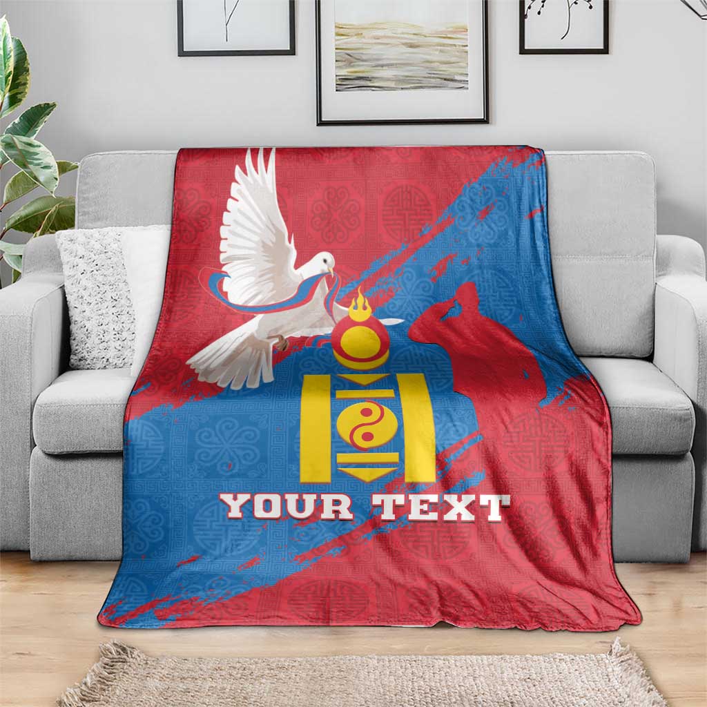 Mongolia independence day blanket draped on sofa, red and blue dove coat-of-arms, Your Text