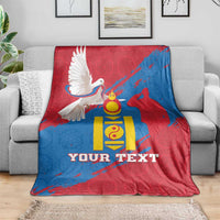 Mongolia independence day blanket draped on sofa, red and blue dove coat-of-arms, Your Text