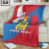 Mongolia independence day blanket on couch, red and blue dove coat-of-arms, Your Text