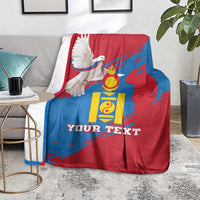 Mongolia independence day blanket on chair, red and blue dove coat-of-arms, Your Text
