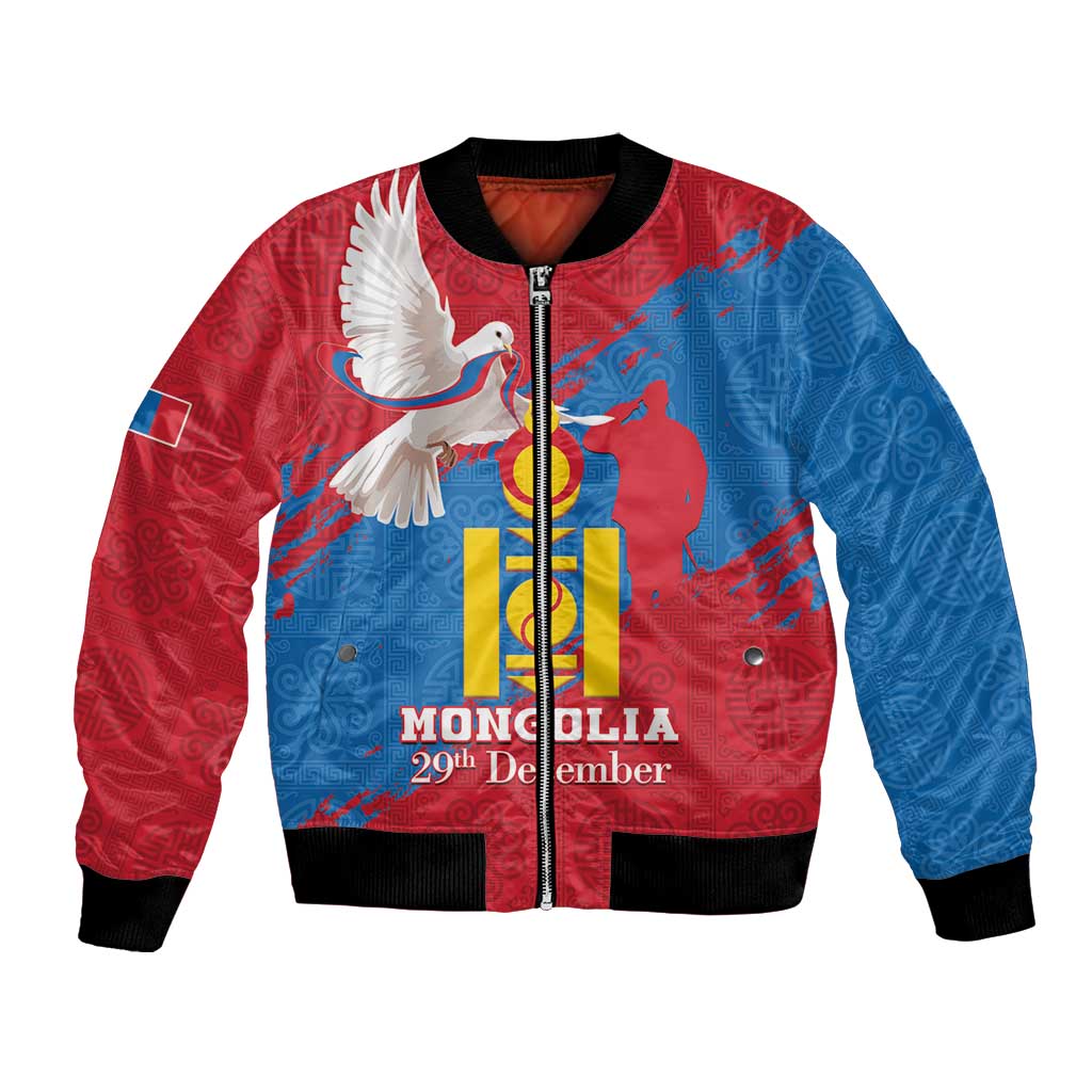 Personalised Mongolia Independence Day Bomber Jacket Coat Of Arms - Mongolia Folk Pattern - Wonder Print Shop