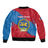 Unisex bomber jacket back with gold emblem, red and blue pattern, black ribbed hem