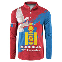 Button-front sweatshirt with Mongolia graphic, red-and-blue long sleeves