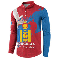 Button-front sweatshirt with Mongolia emblem and 29th December text, red-and-blue