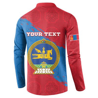 Button-front sweatshirt back print: coat of arms and Your Text, red-and-blue