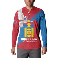 Button-front sweatshirt on model with Mongolia emblem and 29th December text, red/blue