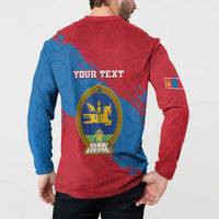 Button-front sweatshirt back print on model: coat of arms, Your Text, red-and-blue