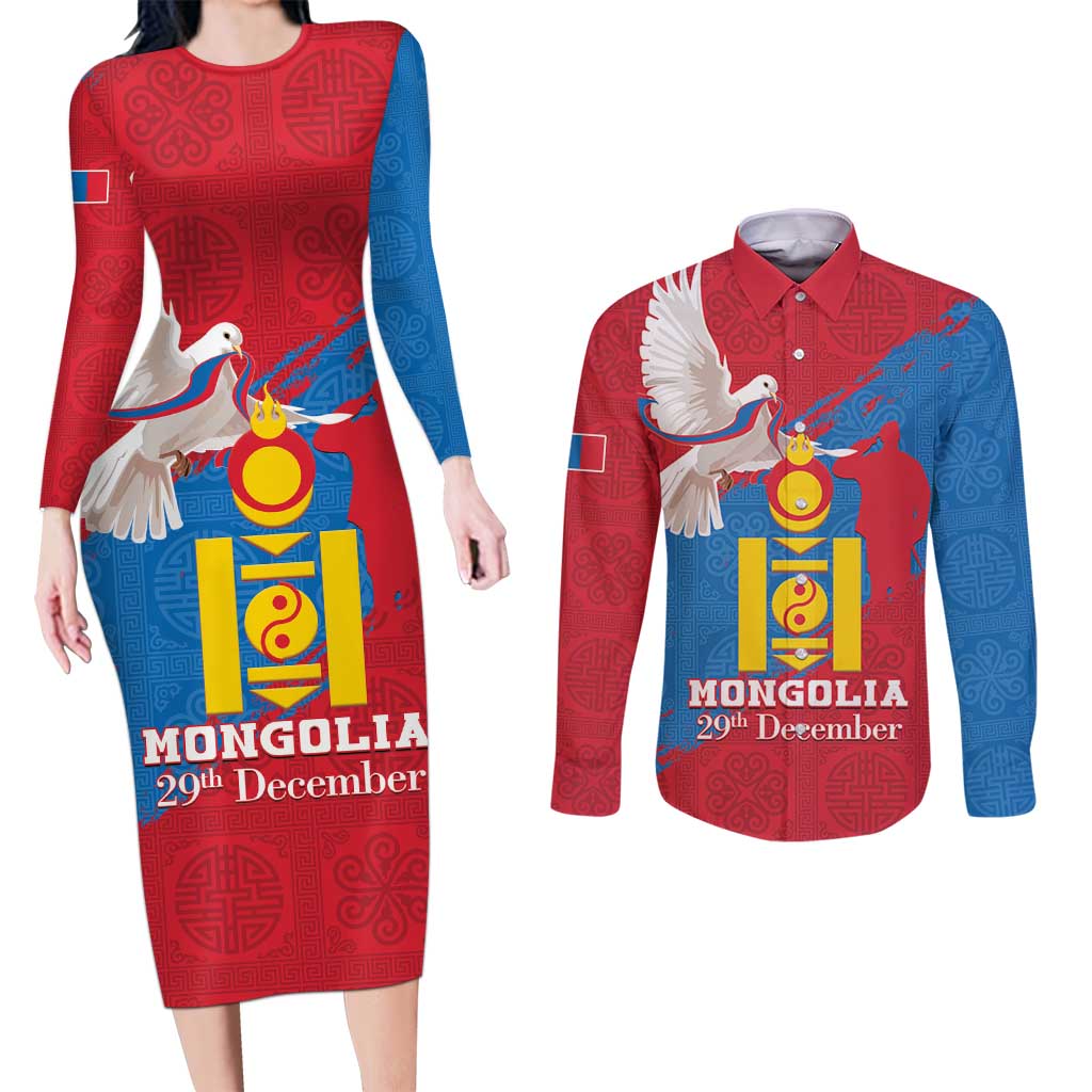 Personalised Mongolia Independence Day Couples Matching Long Sleeve Bodycon Dress and Long Sleeve Button Shirt Coat Of Arms - Mongolia Folk Pattern - Wonder Print Shop